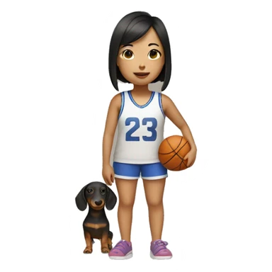 Short asian girl wearing basketball shorts and crocs holding a dachsund sticker