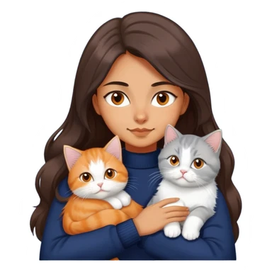 a girl with long dark brown hair, in a navy sweater, hugs a persian peaknose grey cat and persian peaknose orange and white kitten sticker