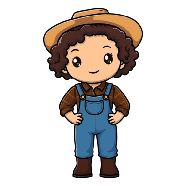 white girl with dark brown curly hair, brown eyes, wearing farm clothes sticker