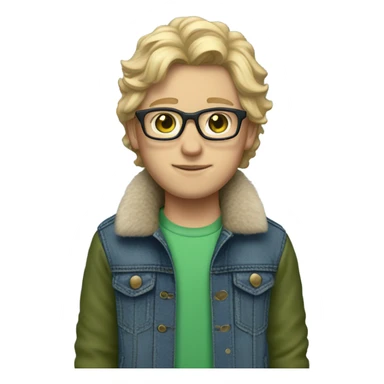 blonde shoulder-length haired boy with green eyes , glasses , blue jean jacket with fur lining sticker