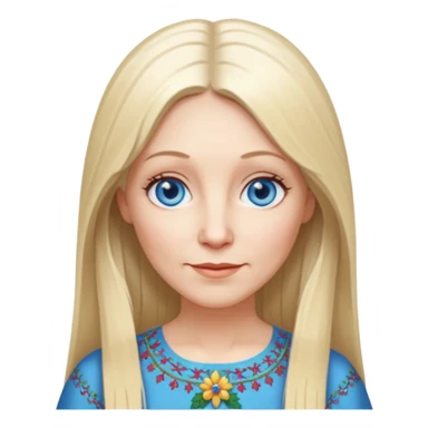 50 yr old white woman, hippie parted very long hair, short bangs, very long straight blond hair, oval face, small smile, blue eyes, thin face, hair downback, hair parted at center of head, round cheeks, pale, longer hair, white christmas dress sticker