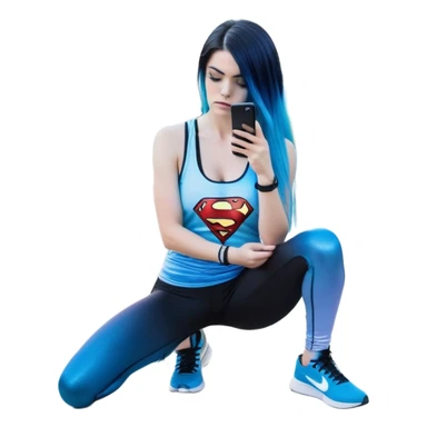 Shameful and disappointed-Female-very very very very large chest-texting on a samsung cell phone-very long straight flowing black to sky blue hair ombre-blue eyes-black eyeliner-long eyelashes-iridescent sky blue very low cut tank top with sparkling superman logo-black leggings-nike hightop sneakers sticker