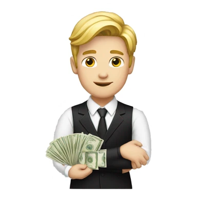 a young  white and with blonde male with money in his hands. He is dressed with a black suit and a white shirt sticker