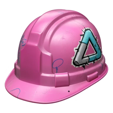 pink hard hat with graffity sticker