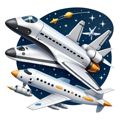An icon featuring a space shuttle, a drone, and an airplane against a starry sky, symbolizing aerospace technology. The design includes rocket boosters and satellite orbits, representing the exploration of space and advanced aviation. Transparent background sticker
