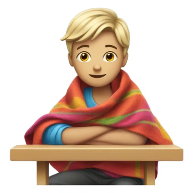 white teen sitting at a school desk with a colorful blanket wrapped around shoulders sticker