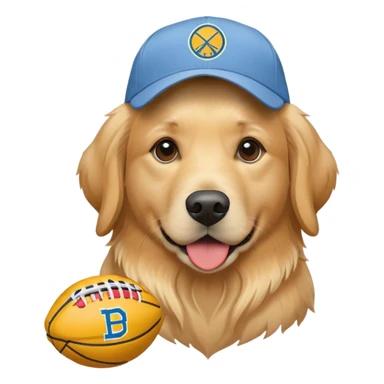 Golden retriever wearing a Denver Nuggets cap sticker
