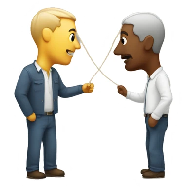 a man leads another man by a string, but the string is tied to his nose sticker