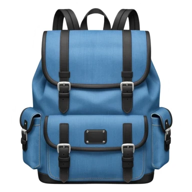 An emoji-style blue denim backpack with a flap top. Two short black buckle straps are attached only at the top flap, do  not extending to the bottom. The front is clean with no pockets or extended straps. The backpack has two side pockets. 


 sticker