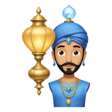 Blue genie with a black goatee and gold bracelets coming out of a lamp from Disney’s Aladdin  sticker