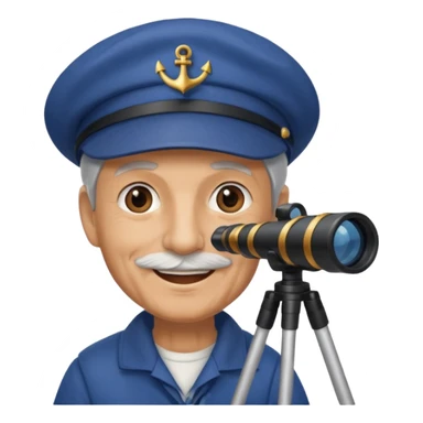 old sailor wearing a blue cap with a telescope sticker
