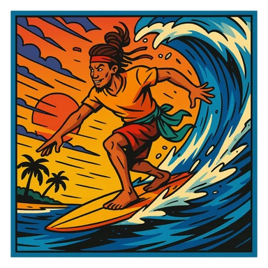 comic book panel featuring a Bali nomad surfing on a wave at sunset, energetic comic style, bold outlines, vivid colors, dynamic action, tropical beach setting sticker