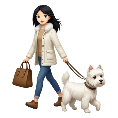 A girl with long black hair is walking a West Highland Terrier sticker