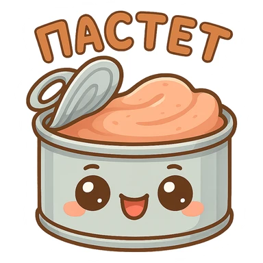 Chibi style cute open pâté tin can, lid partially opened, visible smooth pâté inside, big expressive cartoon eyes on the can, happy smiling face, tiny chubby proportions, kawaii emoji style, thick clean outline, flat illustration, soft pastel colors, simple shapes, no background, Twitch emote style, readable at small size, text on top saying "ПАСТЕТ" in bold cute Cyrillic letters sticker