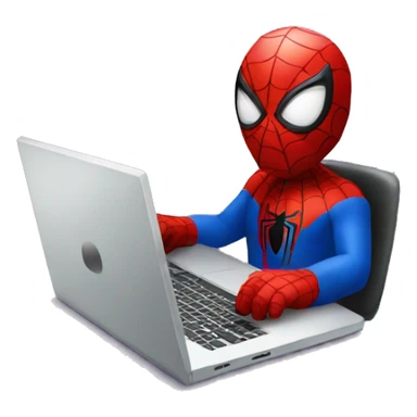 spiderman working with laptop with front pov sticker