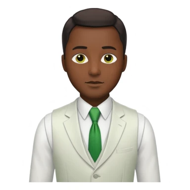 businessman, black skin, brown eyes, white suit vest, green tie sticker