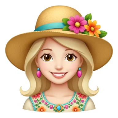 girl with a fancy wide-brimmed hat with flowers, happy face sticker