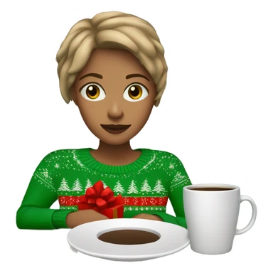 Light brown short haired girl with green eyes drinking coffee wearing blue Christmas sweater sticker