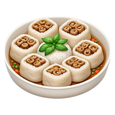 Cinematic Realistic B√°nh cu·ªën Dish Emoji, featuring steamed rice rolls filled with savory minced pork and mushrooms rendered with soft textures and inviting, warm lighting. sticker