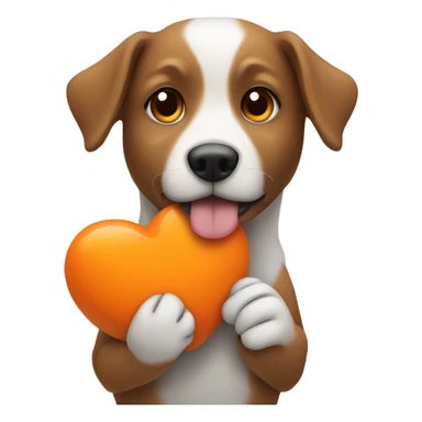 Dog holding an orange heart sticker