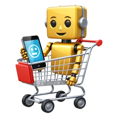 shopping cart containing a robot toy, e-reader, and portable charger emoji sticker