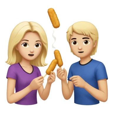Aurore is blond and Enzo had mid-long black hair are fighting about mozzarella sticks sticker