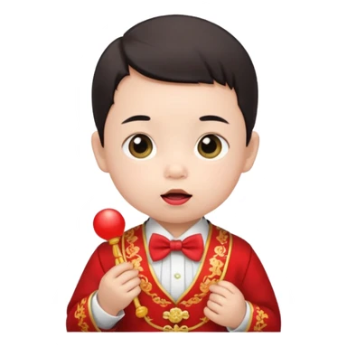 baby guy, pacifier, wearing chinese royal ancient custome, red bow tie sticker