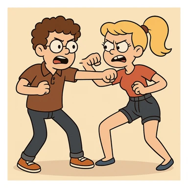 Fighting a boy brown Curly hair circle glasses Royal Pro polo brown jeans orange shoes and a girl Yellow ponytail hair red shirt high waisted dark blue denim shorts blue shoes sticker