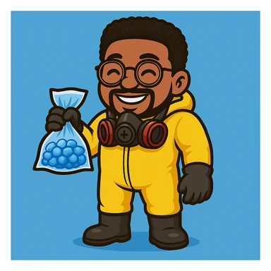 Replace the character's head with the head from the second image: smiling face, more voluminous hair, round glasses. Keep the body with the yellow jumpsuit, blue stone bag in hand, and gas mask hanging on the neck. Style: detailed cartoon. Background: light blue. sticker