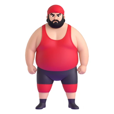 White skin fat guy with prominent black durag, short black beard, black eyes in a red and black wrestling singlet with angry face sticker
