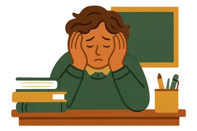 teacher with head in hands, burnt out, modern look, green gold and white color scheme, rounded shapes, simple design sticker