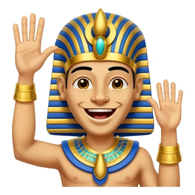 Animated sticker of a funny Ancient Egyptian Pharaoh laughing and energetically waving his hand, welcoming new members, cartoonish style, colorful with shiny gold details, expressive face, small and clear for Discord use, playful and lively motion.
 sticker