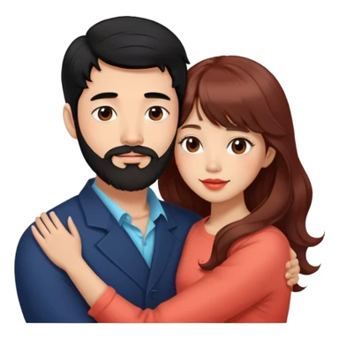 handsome tall asian man with black hair and beard, hugging cute woman with tan skin and long wavy reddish brown hair with bangs and coral lipstick sticker