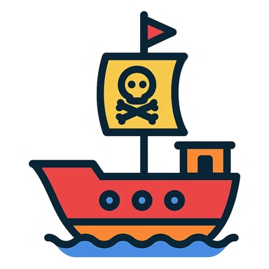pirate ship, color outline icon style, black outlines with subtle color accents sticker