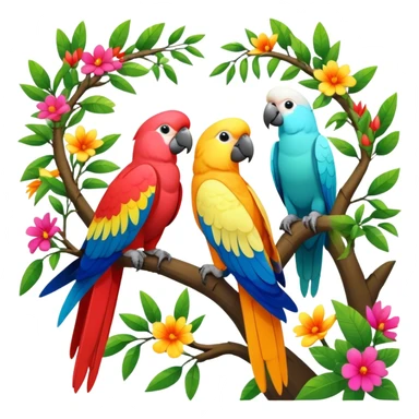 Close-up collage of vibrant Ara parrots and Inca cockatoos sitting on tree branches, surrounded by lush greenery. Bright colors of the birds stand out against a natural, sunny background of trees and flowers. Transparent background. sticker