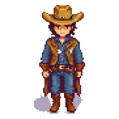 heartbroken cowboy, pixel art style, sad face, classic western outfit, cowboy hat and boots sticker