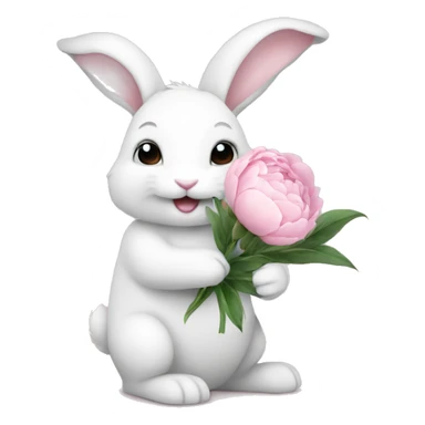 cute white bunny holding light pink peonies sticker