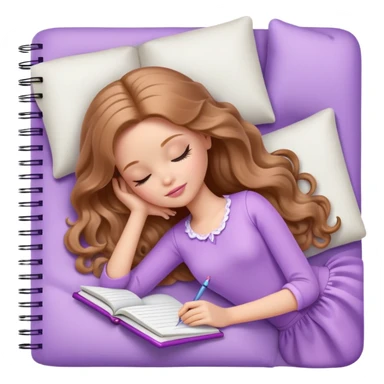 White Barbie girl Chestnut long wavy hair sleeping with In lavender clothes, he writes in a notebook sticker