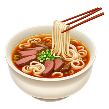Lanzhou beef noodle soup with hand-pulled noodles, simplified emoji style with bold outlines and bright colors, cartoon style Gansu specialty La Mian sticker