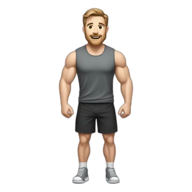 Full height realistic Actively gesturing with hands Pale skinned Fit Man With the biceps and brown hair in dark gray Sleeveless Mike, black oversize sports shorts, watch and white Sneakers sticker