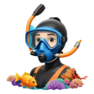 An icon featuring a close-up of a freediving mask and snorkel, with a breath-holding diver's fins, set against a vibrant underwater world. The design includes coral reefs, fish, and bubbles, symbolizing the serene beauty and thrill of freediving. Transparent background highlights the calm sticker