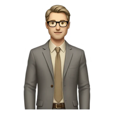 Full height Actively Gesturing Pale skinned fit man with dark brown hair in gray jacket, beige office shirt, brown tie, brown pants and vintage glasses. sticker