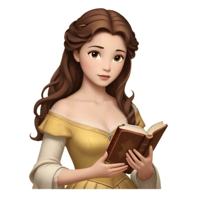 Cinematic Realistic Belle Portrait, depicted with lifelike skin texture, soft natural lighting, and intricately detailed brown hair styled elegantly. Her deep, expressive eyes exude warmth and intelligence, complemented by a serene and graceful expression. She gently holds a book in one hand, her other hand resting at her side, radiating an aura of beauty and intellect. She is dressed in her classic yellow ball gown, the fabric rich in texture with delicate folds that catch the light beautifully. The portrait features a soft, enchanting glow with a natural, radiant finish, capturing the essence of timeless beauty in a realistic and painterly style, evoking a sense of depth and authenticity. sticker