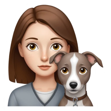 Pretty girl with freckles, straight brunette hair, hazel eyes and a grey and white whippet besid her sticker