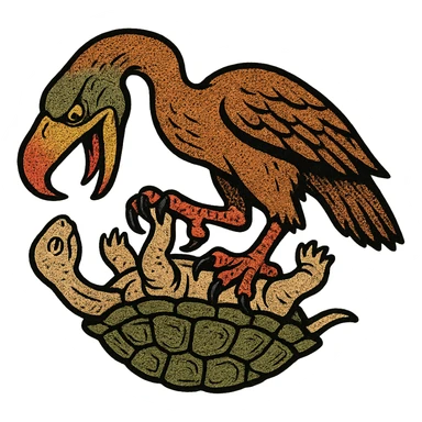 an insignia for a flag: a strange foreign alien bird creature, resembling a prehistoric phorusrhacos, gripping a upside-down tortoise [on its back] with a claw with its' beak tearing down into it
 sticker