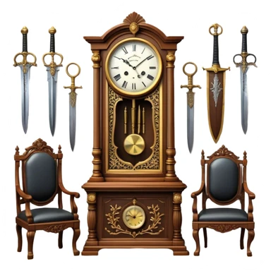 Icon for Antiques Collecting: a vintage clock, intricately carved furniture, famous paintings, antique swords, and rifles. The items are displayed on a wooden table or shelf. The icon should evoke the rich history and craftsmanship of antique collecting. Transparent background. sticker