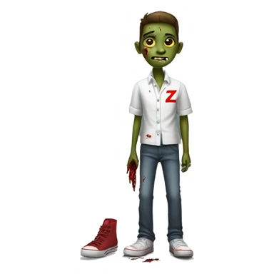 A Zombie With One Shoe On And One Shoe Off Named Zobie With A White School Shirt With Red Accents And With The Letter Z On It And Long Pants. | Photo 1 sticker