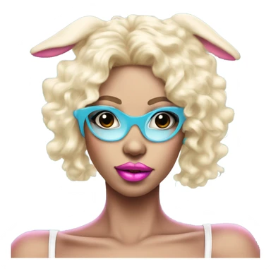  Blonde Gogo dancer ,light blue skinned face, Enid Sinclair wearing ,big floppy bunny ears pink lips  sticker