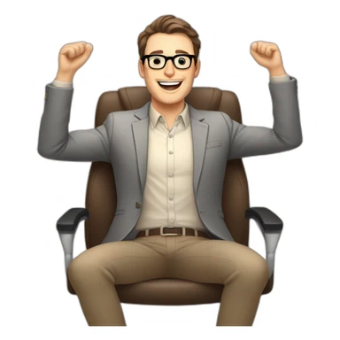 Joyful Celebrating victory Hands up Pale skinned Fit Man With dark brown hair in gray jacket, beige office shirt, Brown pants and vintage glasses sitting In a soft chair sticker