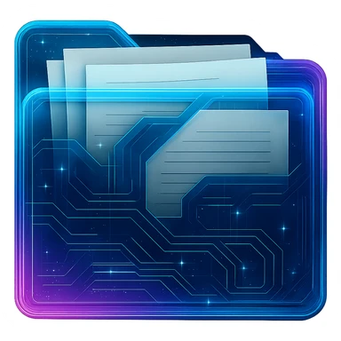 Add visible paper or documents inside the folder without changing the design, style, or perspective of the cyberpunk folder. Keep the glowing neon blue and pink edges, circuit patterns, and transparent background exactly as they are. Only add paper or documents so they look like they are inside the folder, maintaining the cyberpunk style and neon glow effect. sticker